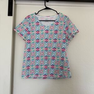 Talbots Tee Women’s Multicolor Printed V-neck Stretch Comfy Casual Colorful Top